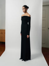 Wool Lacy Jacquard Off-Shoulder Long Dress With Fitted Bodice And Flared Hem